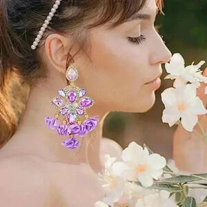 Large Crystal Earrings Flowers Tassel Handmade Geometric Rhinestones